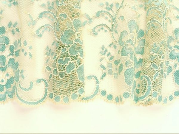Aqua blue and beige floral stretch lace trim. Wide elastic lace for lingerie, dance costumes, home decor, 19 cm (7 1/2 in) wide