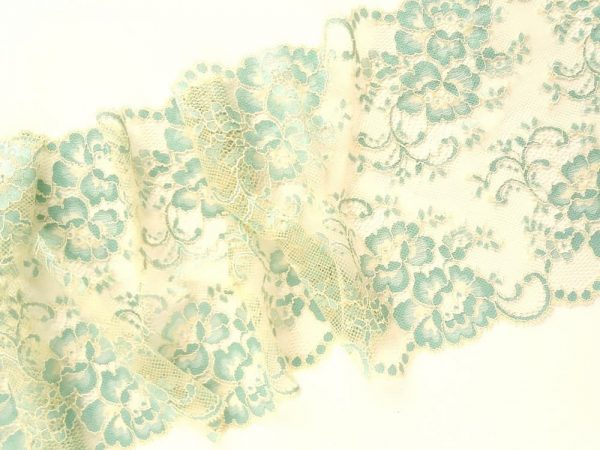Aqua blue and beige floral stretch lace trim. Wide elastic lace for lingerie, dance costumes, home decor, 19 cm (7 1/2 in) wide