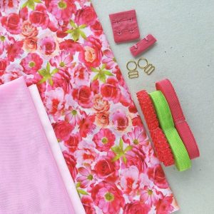 Lingerie making kit with pink stretch rose print fabric and elastics