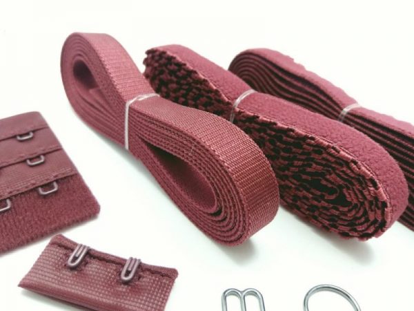 Burgundy red lingerie findings kit for soft bra close view