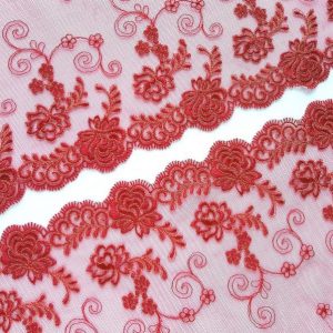 red non stretch directional embroidered tulle lace