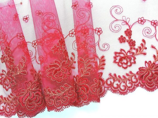 red non stretch embroidered tulle lace with metallic thread