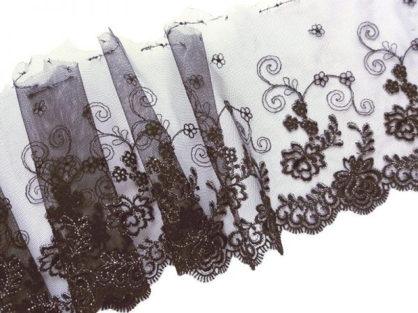 black non stretch embroidered tulle lace with gold metallic thread