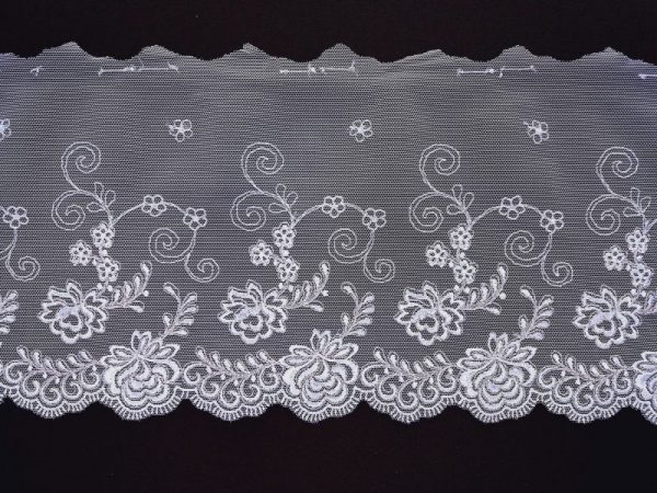 white rigid embroidered tulle lace with gold metallic thread