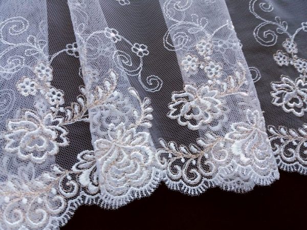white non stretch embroidered tulle lace with gold metallic thread