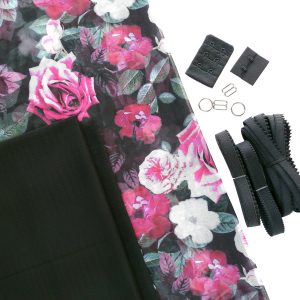 black rose print stretch mesh lingerie sewing kit