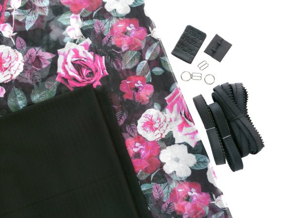 black rose print stretch mesh lingerie sewing kit