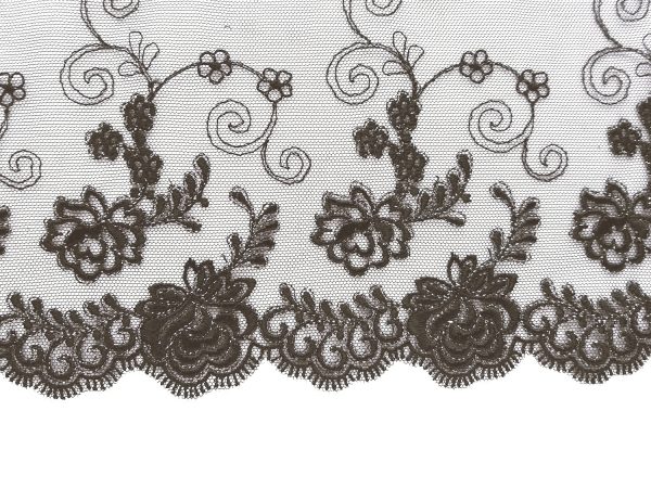 black non stretch embroidered tulle lace with gold metallic thread