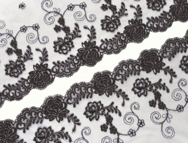 black non stretch embroidered tulle lace with symmetrical pattern