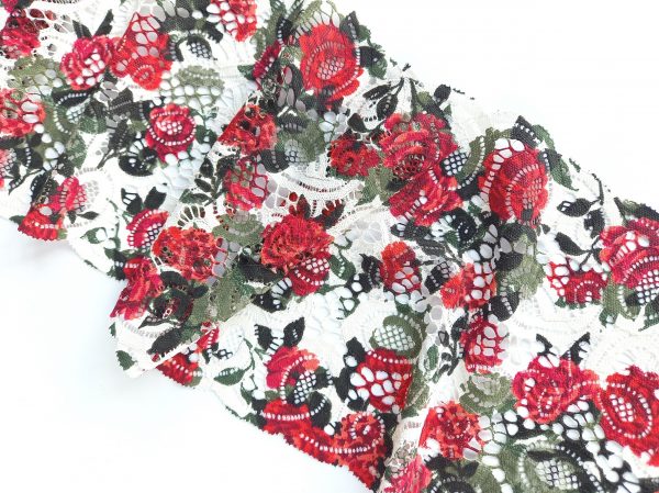 printed stretch lace red green floral pattern
