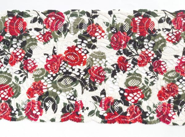 red roses green leafs printed stretch lace