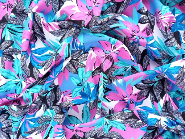 pink blue tropical leaves swimwear fabric