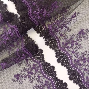black mirrored non stretch embroidered lace with purple embroidery