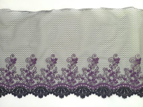 black non stretch embroidered lace purple symmetrical pattern