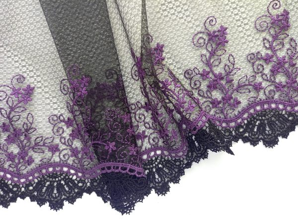 black non stretch lace with purple embroidery