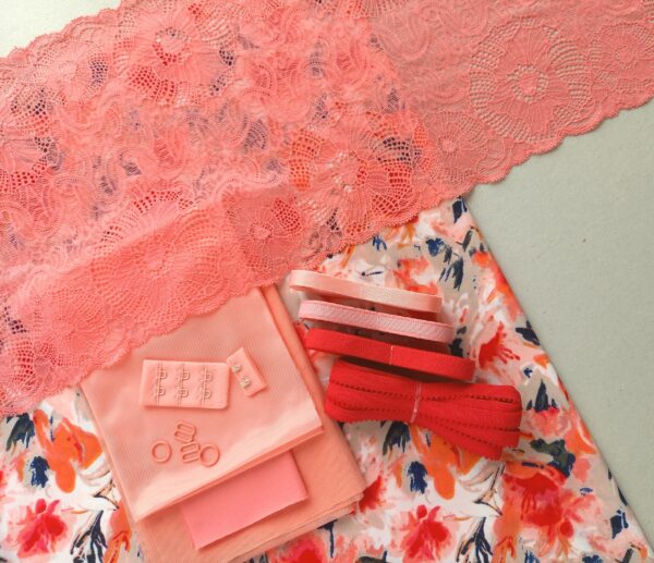 peach stretch fabric and coral lace lingerie sewing kit