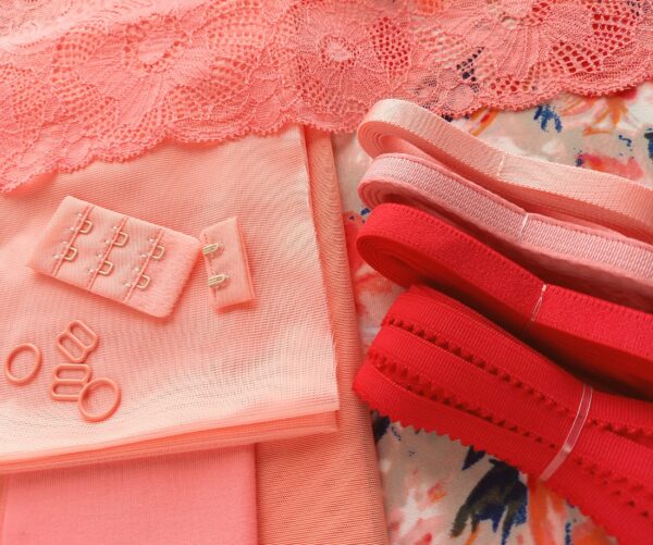 peach stretch fabric and coral lace lingerie making kit