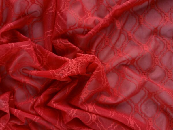 red decorative lightweight stretch mesh fabric with diagonal checkered pattern