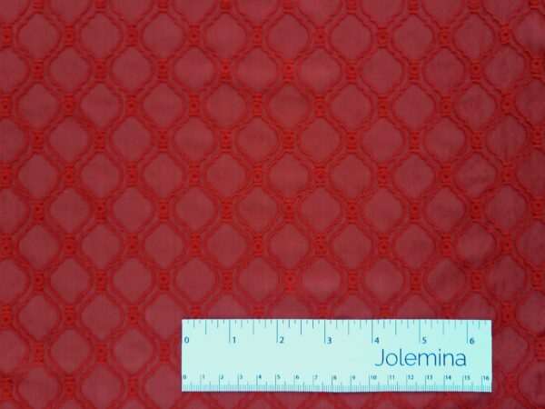 red decorative sheer stretch powermesh fabric with diagonal checkered pattern