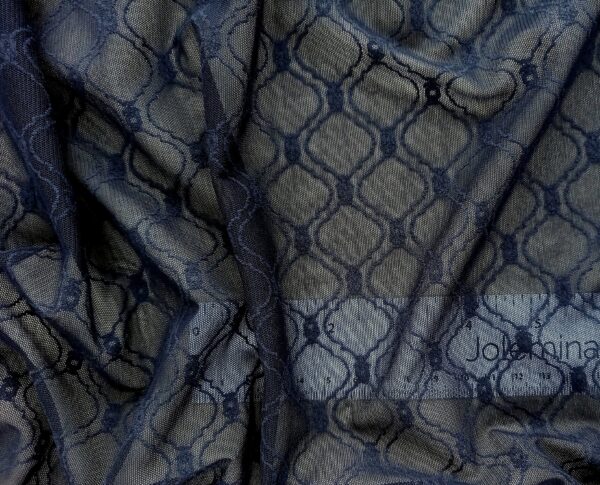 dark blue decorative sheer stretch powermesh fabric with diagonal checkered pattern