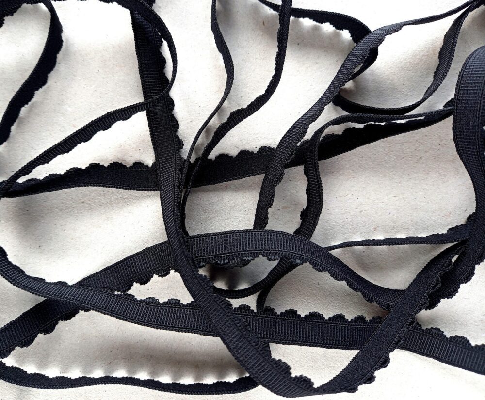 Scalloped edge elastic for lingerie, 10 mm (3/8 in) wide black scalloped edge lingerie elastic
