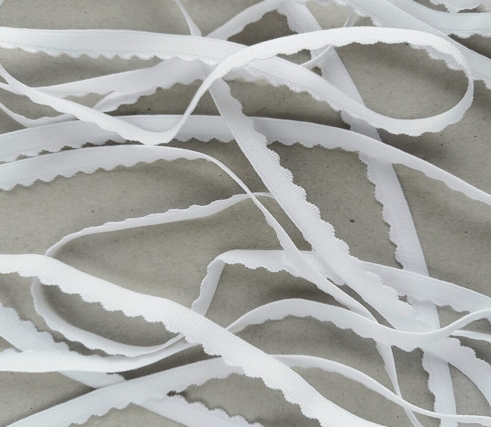 Scalloped edge elastic for lingerie, 10 mm (3/8 in) wide white scalloped edge lingerie elastic
