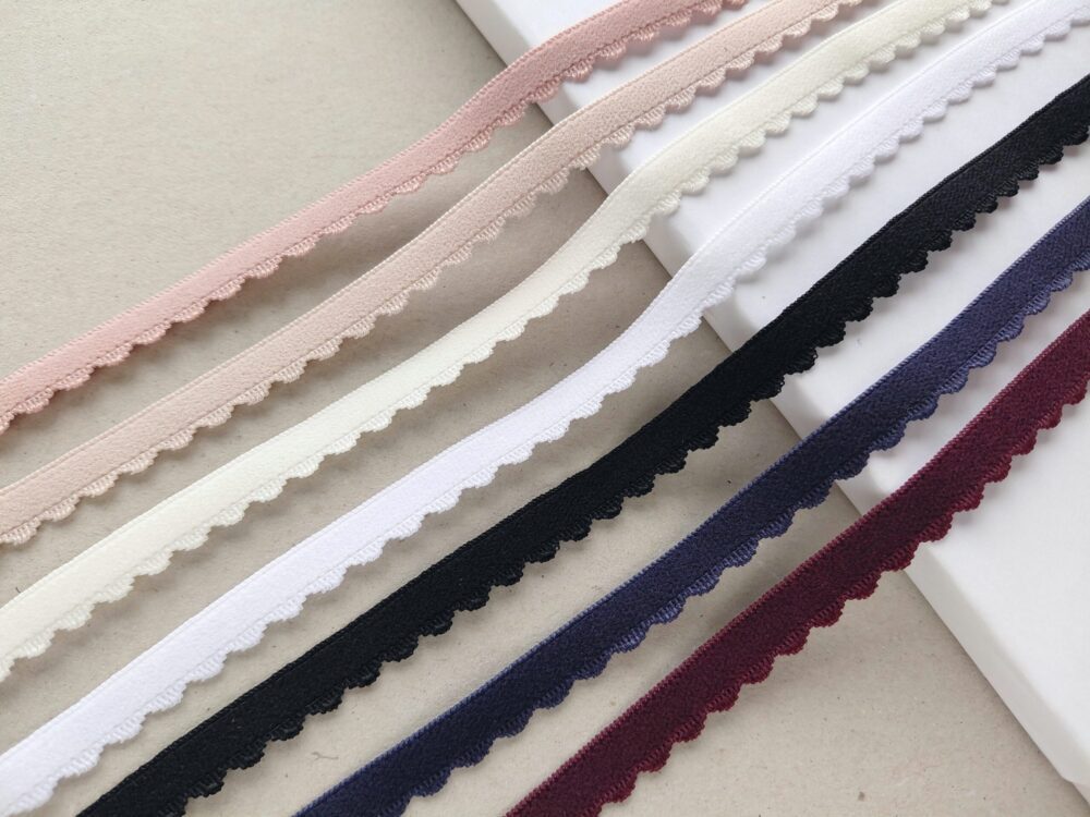 Scalloped edge elastic for lingerie, 10 mm (3/8 in) wide scalloped edge elastic multiple colours, narrow lingerie bra making trim